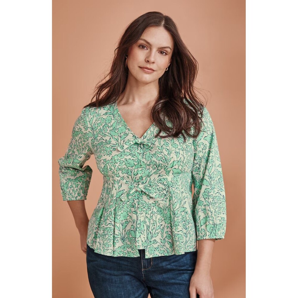 J. Jill Mint Green Floral Pleated Tie Front Top Pima Cotton Blend Small V Neck